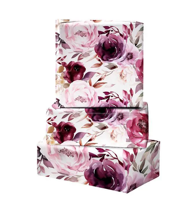 Main image of Floral Wrapping Paper Roll - Purple Rose Design, 17 Inches x 16.5 Feet, Gift Wrap for Wedding, Bridal Shower, Birthday, Mother's Day,Anniversary, Cut Lines on Back