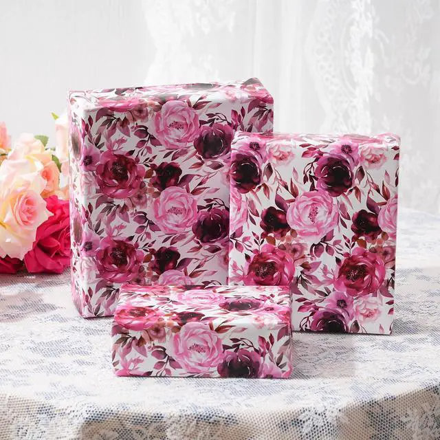 Alt view image 7 of 7 - Floral Wrapping Paper Roll - Purple Rose Design, 17 Inches x 16.5 Feet, Gift Wrap for Wedding, Bridal Shower, Birthday, Mother's Day,Anniversary, Cut Lines on Back