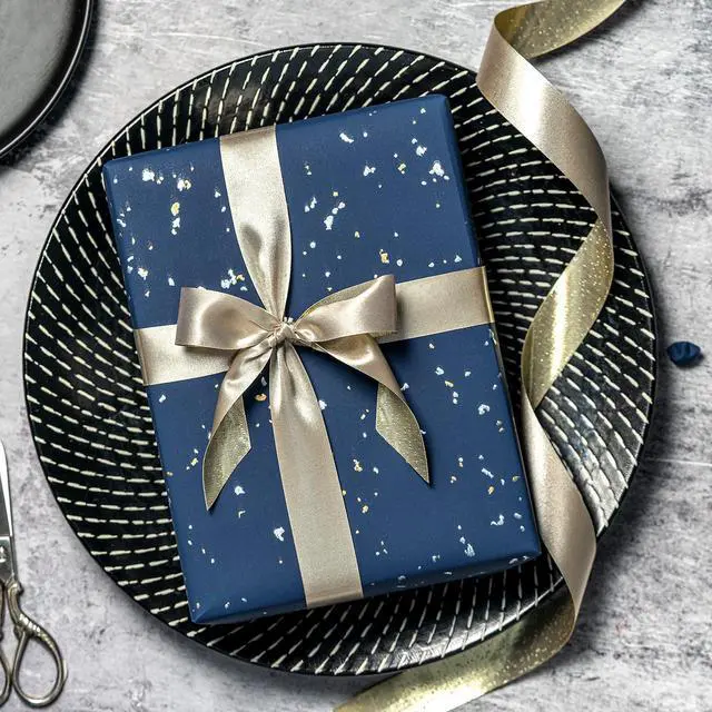 Alt view image 7 of 7 - Navy Blue Wrapping Paper Roll - Mini Roll - 17 Inch x 16.5 Feet - Navy Blue Gold Design with Silky Touch Perfect for Birthday, Wedding, Baby Shower, Holiday
