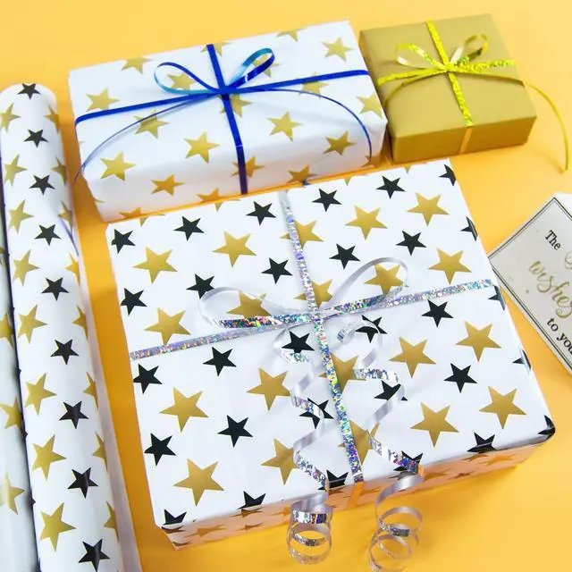 Alt view image 2 of 7 - Gift Wrapping Paper 12 Sheets, Folded Flat Gift Wrap Paper for Presents, Kids, Boy and Girl, 20 x 29 Per Sheet - Gold Black Stars