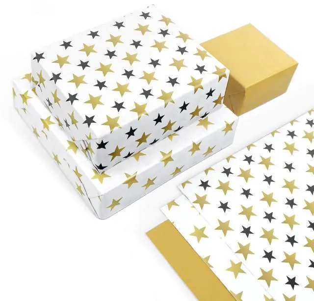 Main image of Gift Wrapping Paper 12 Sheets, Folded Flat Gift Wrap Paper for Presents, Kids, Boy and Girl, 20 x 29 Per Sheet - Gold Black Stars