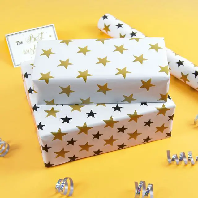 Alt view image 7 of 7 - Gift Wrapping Paper 12 Sheets, Folded Flat Gift Wrap Paper for Presents, Kids, Boy and Girl, 20 x 29 Per Sheet - Gold Black Stars