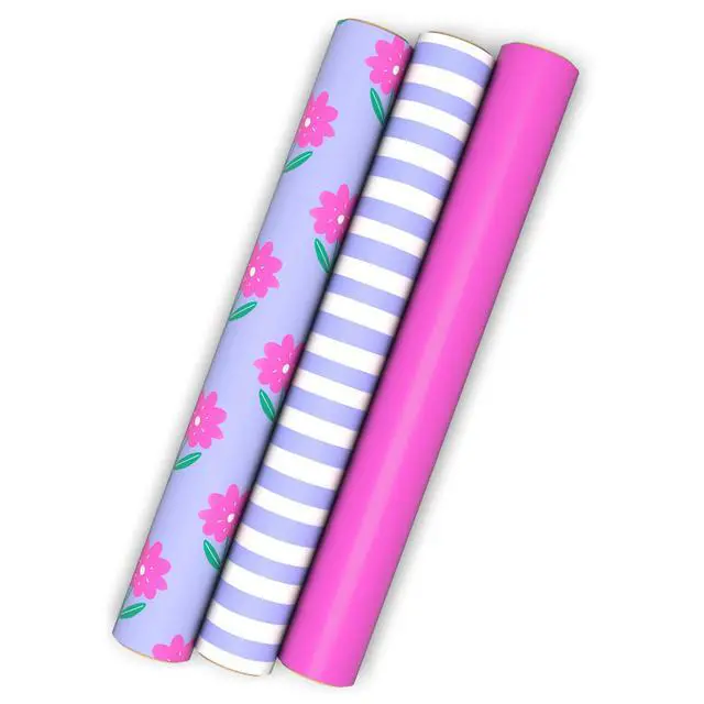 Alt view image 2 of 7 - Image Arts Birthday Wrapping Paper Mini Rolls, 3-Pack, 27 Sq. Ft. | Mini Rolls in Pink Flowers on Purple, Lavender and White Stripes, Recyclable, Easter, easy storage