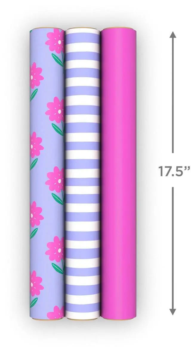 Alt view image 4 of 7 - Image Arts Birthday Wrapping Paper Mini Rolls, 3-Pack, 27 Sq. Ft. | Mini Rolls in Pink Flowers on Purple, Lavender and White Stripes, Recyclable, Easter, easy storage