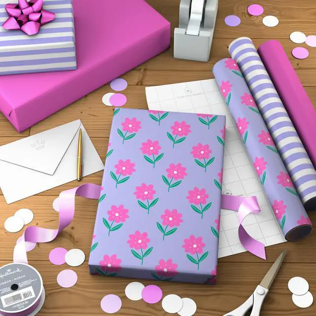 Alt view image 3 of 7 - Image Arts Birthday Wrapping Paper Mini Rolls, 3-Pack, 27 Sq. Ft. | Mini Rolls in Pink Flowers on Purple, Lavender and White Stripes, Recyclable, Easter, easy storage
