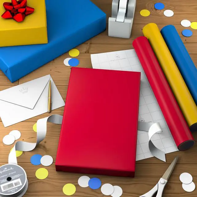 Alt view image 3 of 7 - Image Arts Birthday Wrapping Paper Mini Rolls, 3-Pack (Red, Yellow, Blue) | 3-Pack for Graduations, Father's Day, Baby Showers, Any Occasion. Grid Lines for Cutting, Recyclable, 27 Sq Ft
