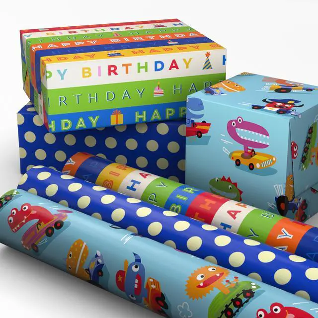 Main image of Birthday Wrapping Paper Mini Rolls, 3-Pack (Monsters, Stripes) | Blue Polka Dot Design, Mini Rolls, Grid Lines, Recyclable, Easy Storage