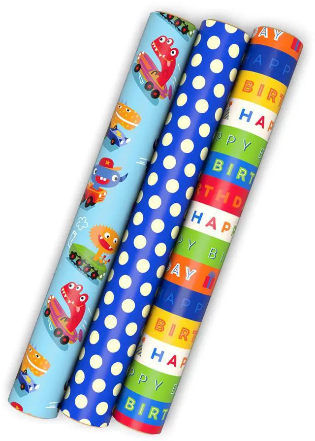 Alt view image 2 of 7 - Birthday Wrapping Paper Mini Rolls, 3-Pack (Monsters, Stripes) | Blue Polka Dot Design, Mini Rolls, Grid Lines, Recyclable, Easy Storage