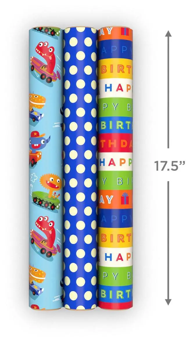 Alt view image 4 of 7 - Birthday Wrapping Paper Mini Rolls, 3-Pack (Monsters, Stripes) | Blue Polka Dot Design, Mini Rolls, Grid Lines, Recyclable, Easy Storage