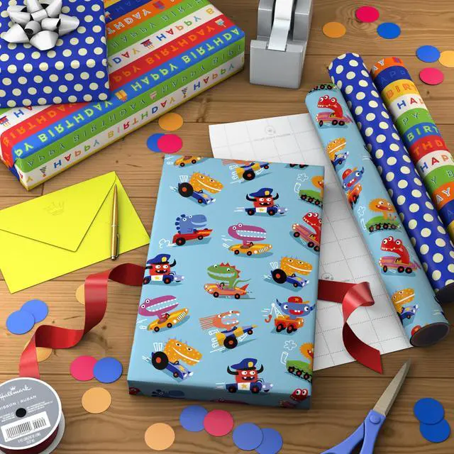 Alt view image 3 of 7 - Birthday Wrapping Paper Mini Rolls, 3-Pack (Monsters, Stripes) | Blue Polka Dot Design, Mini Rolls, Grid Lines, Recyclable, Easy Storage