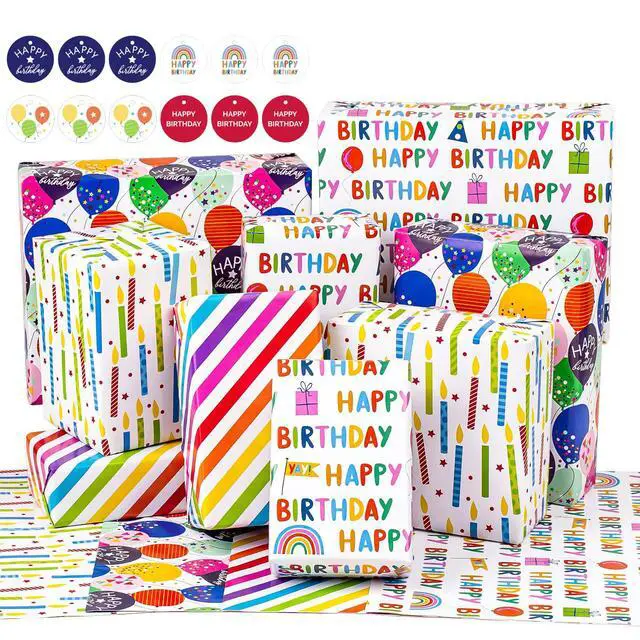 Alt view image 2 of 7 - Birthday Wrapping Paper Sheet - 12 Sheets Folded Flat with 12 Gift Tags for Party, Baby Shower - 19.7 Inch X 27.5 Inch Per Sheet