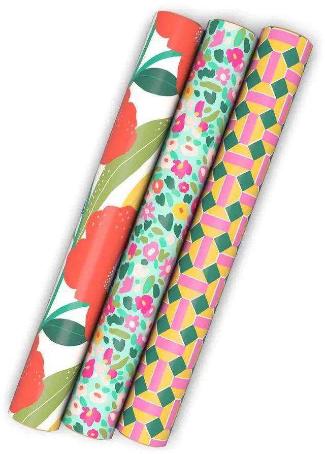 Alt view image 2 of 7 - Floral Wrapping Paper Mini Rolls, 3-Pack, 60 Sq. Ft. | Mini rolls are perfect for easy storage, Modern flowers in pink, yellow and orange, geometric patterns