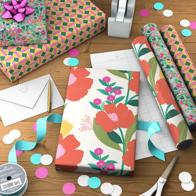 Alt view image 3 of 7 - Floral Wrapping Paper Mini Rolls, 3-Pack, 60 Sq. Ft. | Mini rolls are perfect for easy storage, Modern flowers in pink, yellow and orange, geometric patterns