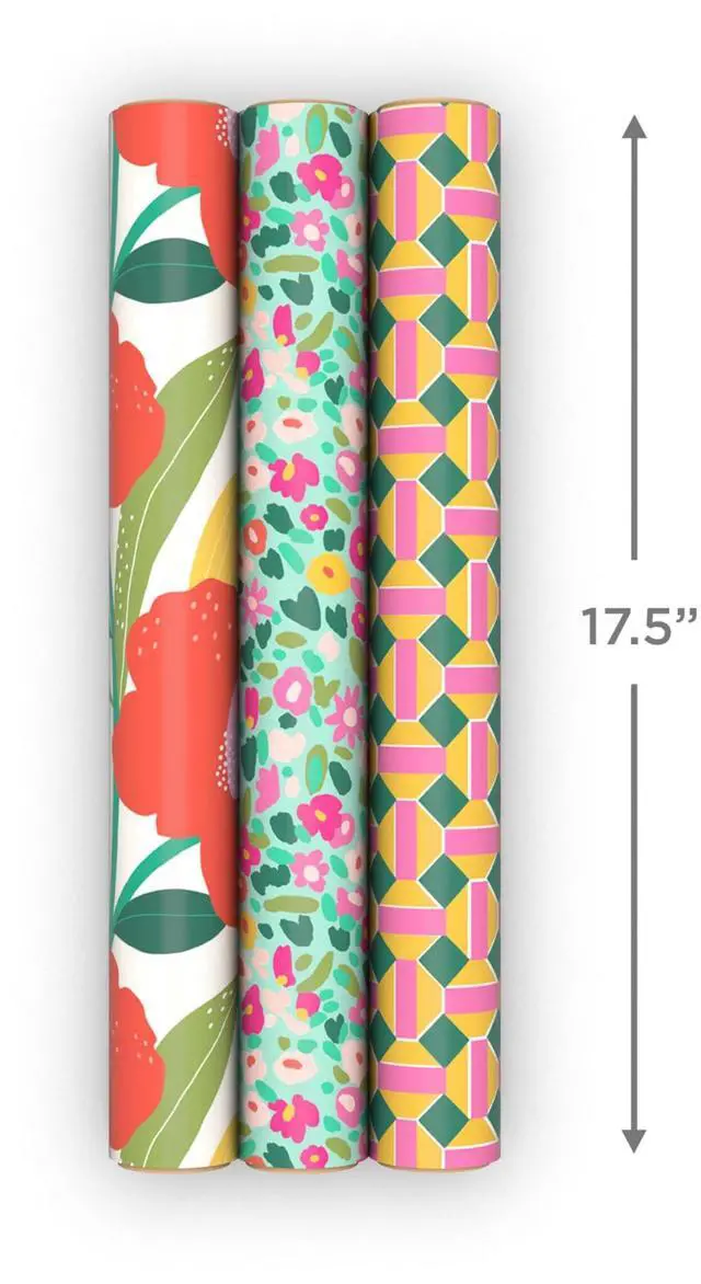 Alt view image 4 of 7 - Floral Wrapping Paper Mini Rolls, 3-Pack, 60 Sq. Ft. | Mini rolls are perfect for easy storage, Modern flowers in pink, yellow and orange, geometric patterns