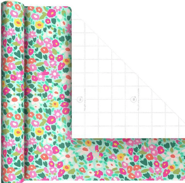 Alt view image 6 of 7 - Floral Wrapping Paper Mini Rolls, 3-Pack, 60 Sq. Ft. | Mini rolls are perfect for easy storage, Modern flowers in pink, yellow and orange, geometric patterns