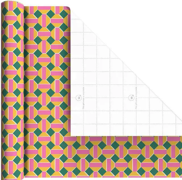 Alt view image 7 of 7 - Floral Wrapping Paper Mini Rolls, 3-Pack, 60 Sq. Ft. | Mini rolls are perfect for easy storage, Modern flowers in pink, yellow and orange, geometric patterns