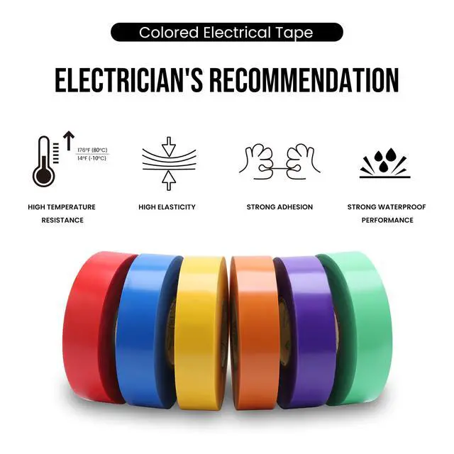 Alt view image 3 of 7 - 6 Pack Colored Electrical Tape Waterproof, 3/4 in x 66ft, UL/CSA | 6 Colors, High-temperature Resistant, Super Vinyl, Rainbow Electrical Tape