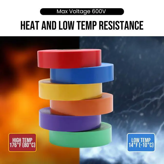 Alt view image 4 of 7 - 6 Pack Colored Electrical Tape Waterproof, 3/4 in x 66ft, UL/CSA | 6 Colors, High-temperature Resistant, Super Vinyl, Rainbow Electrical Tape