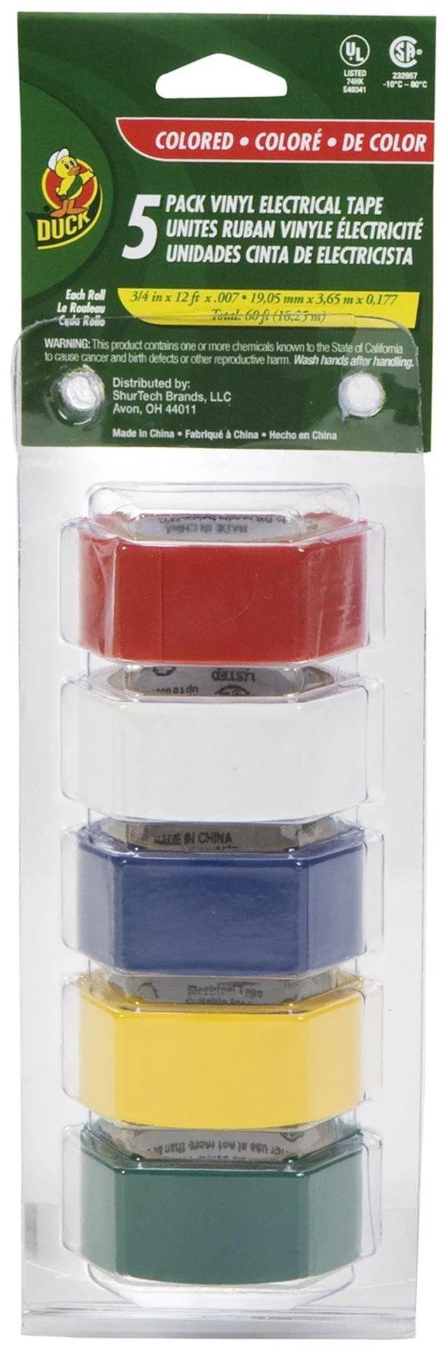 Main image of Brand Multi-Purpose Electrical Tape, 0.75-Inch-by-12-Feet, 5-Rolls, Assorted, 5-Pack, Colors May Vary, 60 Foot (280303)