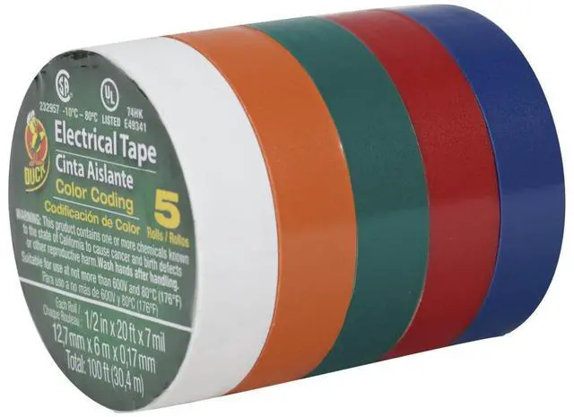 Main image of Brand Colored Electrical Tape, 1/2-Inch by 20 Feet, 5-Pack of Rolls, Multi-Color (299020)