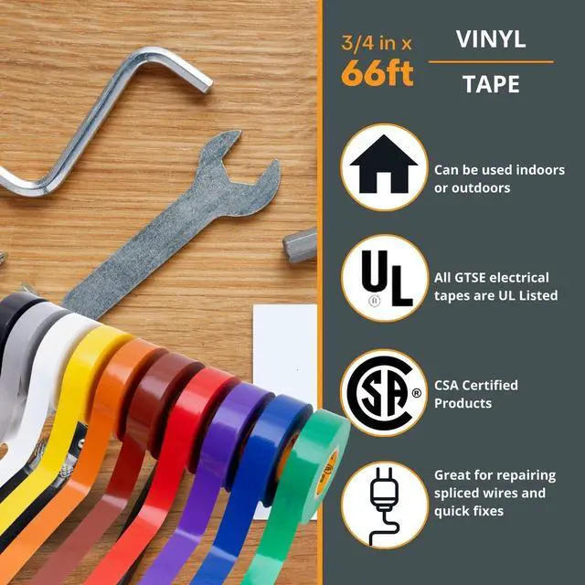 Alt view image 3 of 7 - - Mixed Colors Electrical Tape 10 Rolls, 3/4in x 66ft, UL/CSA Listed | Waterproof PVC Vinyl Tape, UL/CSA Listed, Self Adhesive - For Wire Insulation & Electrical Repairs