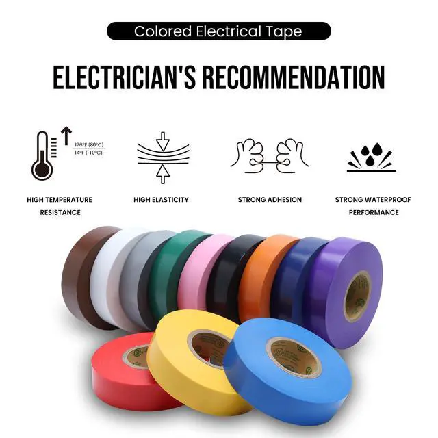 Alt view image 3 of 7 - 12 Pack Colored Electrical Tape Waterproof, 3/4 in x 66ft, Industrial Grade UL/CSA Listed High Temp Electrical Tape Colors Electric Super Vinyl, 1275C1
