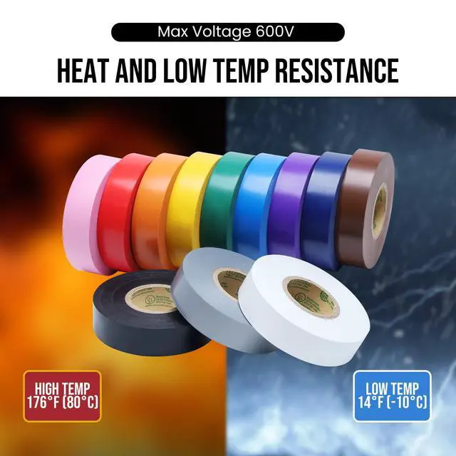 Alt view image 5 of 7 - 12 Pack Colored Electrical Tape Waterproof, 3/4 in x 66ft, Industrial Grade UL/CSA Listed High Temp Electrical Tape Colors Electric Super Vinyl, 1275C1