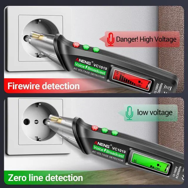 Alt view image 3 of 7 - Voice Broadcast Non-Contact Voltage Tester AC 12-1000V Live/Null Wire | LCD Display, Flashlight, Pocket-Sized Pen Detector, Buzzer Alarm and Wire Breakpoint Finder for Electrical Tools