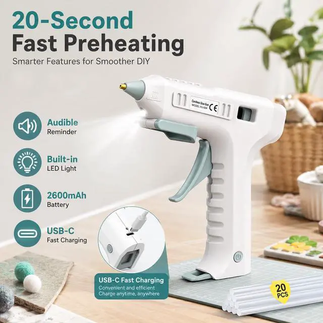 Alt view image 3 of 7 - Cordless Hot Glue Gun, 20s Fast Preheat Wireless Mini Hot Melt Glue Gun, 2600mAh USB-C Rechargeable Battery Powered Glue Gun for Crafts with 20 Glue Sticks, Auto Shut-Off for DIY Home Repairs