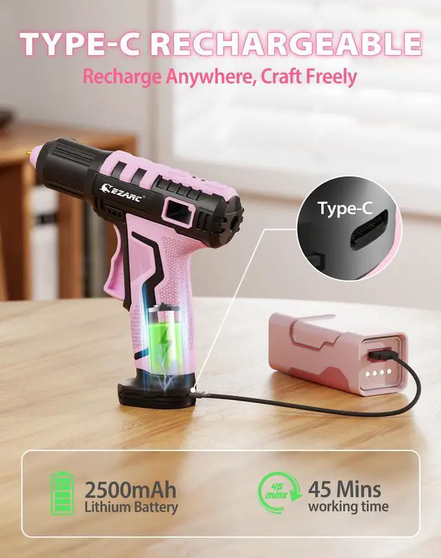 Alt view image 4 of 7 - Cordless Hot Glue Gun, 15s Fast Heating, 30 Mini Glue Sticks, Pink | Mini Glue Gun, USB-C Rechargeable, 2500mAh, Auto Power-Off, Anti-Drip for Art, Crafts, Decorations, Home Repairs
