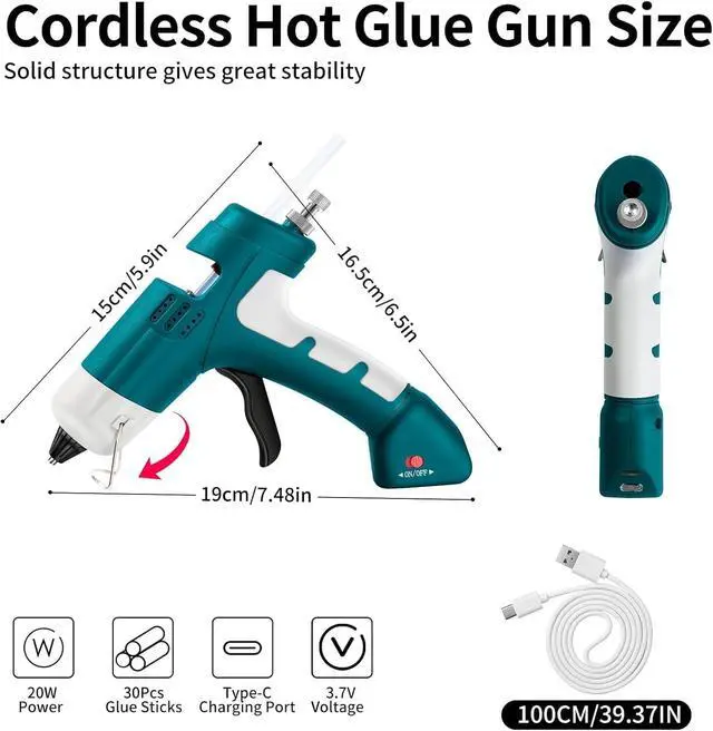 Alt view image 2 of 7 - Cordless Hot Glue Gun with with 30 Sticks, Rechargeable 2.6Ah Fast Heating | 20W Anti-Drip Glue Gun and Sticks Set (0.27"×6") USB-C Rechargeable for School Crafts DIY Making Repairs