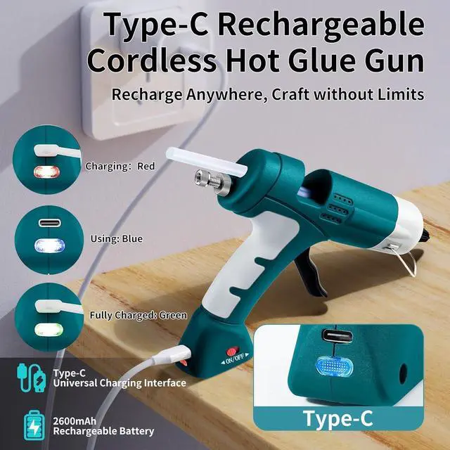 Alt view image 7 of 7 - Cordless Hot Glue Gun with with 30 Sticks, Rechargeable 2.6Ah Fast Heating | 20W Anti-Drip Glue Gun and Sticks Set (0.27"×6") USB-C Rechargeable for School Crafts DIY Making Repairs