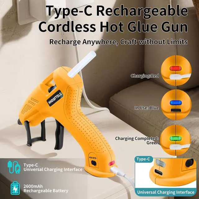 Alt view image 6 of 7 - Cordless Hot Glue Gun Kit with 30 Sticks, Fast Heating 2.6Ah Rechargeable | 20W Anti-Drip Glue Gun and Sticks Set (0.27"×6") USB-C Rechargeable Mini Glue Gun Ideal for School Crafts DIY Making Repairs