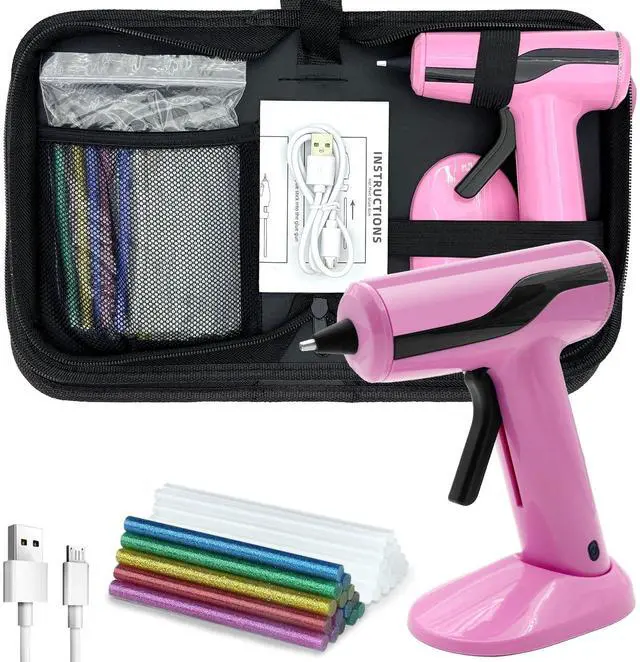 Main image of Cordless Hot Glue Gun Kit with 30pcs Mini Glue Sticks, USB Rechargeable Mini Glue Gun with Carrying Case, Stand-Up Base, Smart Power-Off Hot Melt Glue Gun for Crafting, Pink