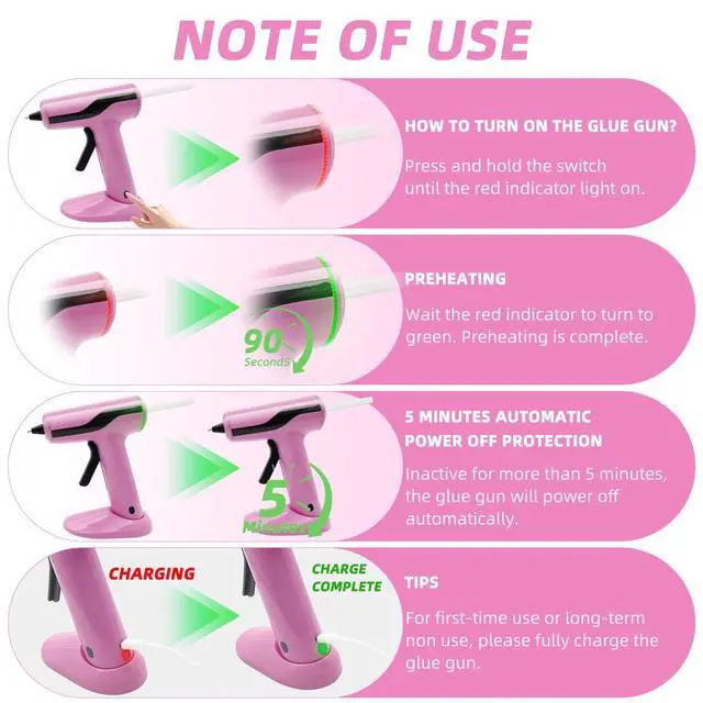Alt view image 4 of 7 - Cordless Hot Glue Gun Kit with 30pcs Mini Glue Sticks, USB Rechargeable Mini Glue Gun with Carrying Case, Stand-Up Base, Smart Power-Off Hot Melt Glue Gun for Crafting, Pink