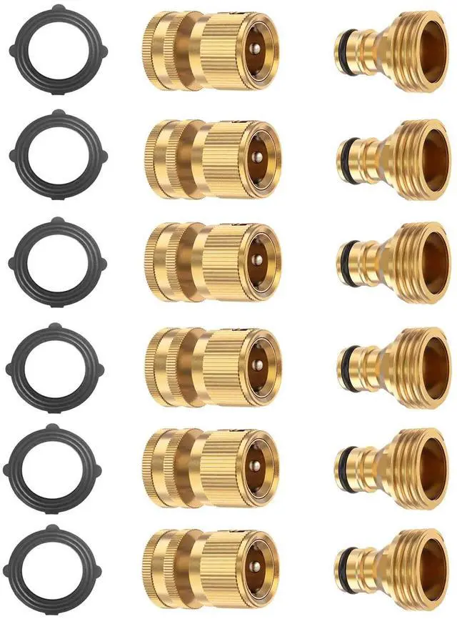 Main image of Garden Hose Quick Connector Set, Solid Brass 3/4 Inch Water Fitings Thread Easy Connect No-Leak Male Female 6 Sets