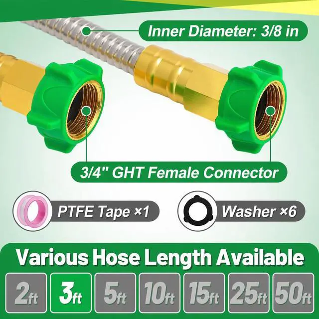 Alt view image 4 of 7 - 3ft Short Garden Hose with Female to Female Connector | Metal Leakproof Leader Hose for Hose Reel, Heavy Duty 304 Stainless Steel Flexible Hose for Outdoor Cleaning Car Pet