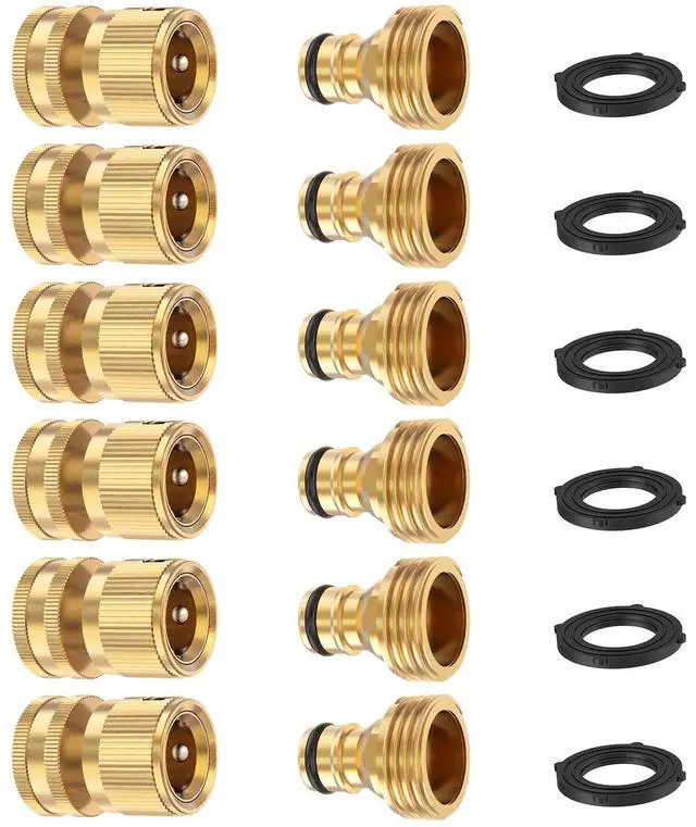 Main image of Garden Hose Quick Connector, Solid Brass 3/4 Inch Thread Fitting No-Leak Water Hose Female and Male Easy Connect (6 Sets)