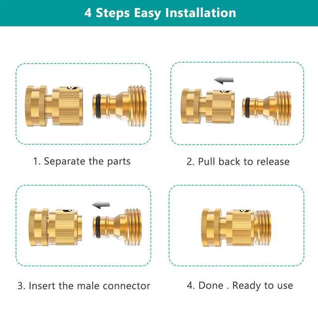 Alt view image 3 of 7 - Garden Hose Quick Connector, Solid Brass 3/4 Inch Thread Fitting No-Leak Water Hose Female and Male Easy Connect (6 Sets)