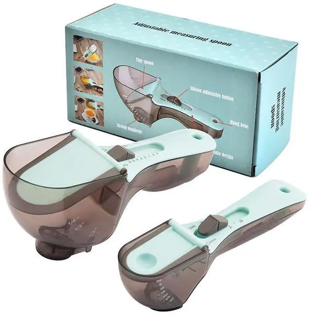 Main image of Adjustable Measuring Spoons Set, Mint Green and Gray, Plastic Kitchen Tools with Scale Markings, Baking Utensils