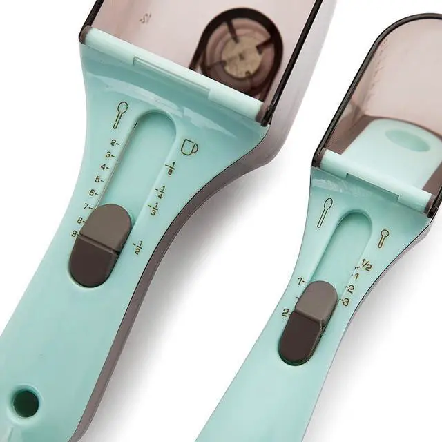 Alt view image 3 of 7 - Adjustable Measuring Spoons Set, Mint Green and Gray, Plastic Kitchen Tools with Scale Markings, Baking Utensils