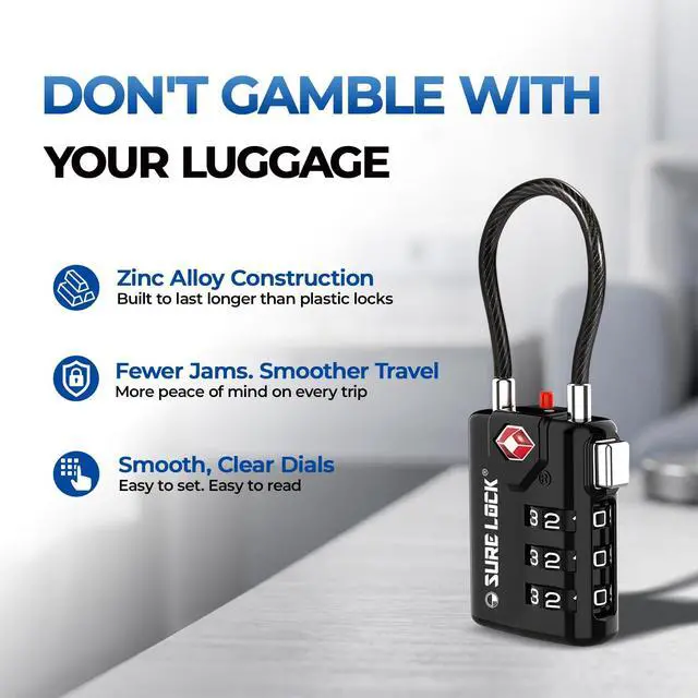 Alt view image 5 of 7 - TSA Approved Luggage Locks with Open Alert Indicator, 3 Digit Combination Cable Travel Lock for Suitcase, Backpack & Travel Bag, 2 Pack Black