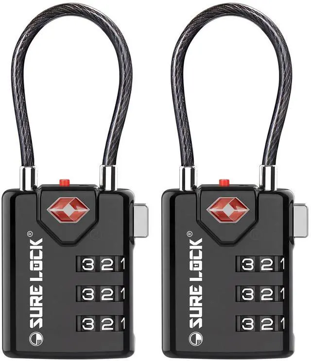 Main image of TSA Approved Luggage Locks with Open Alert Indicator, 3 Digit Combination Cable Travel Lock for Suitcase, Backpack & Travel Bag, 2 Pack Black