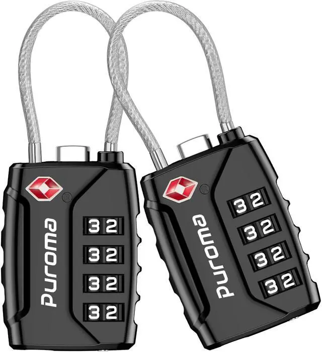 Main image of 2 Pack TSA Approved Luggage Locks 4 Digit Code Cable Lock Black | TSA Approved, Resettable, Flexible Cable, Zipper holes, Zinc Alloy, Bright Color, Large White Numbers, for Train Travel