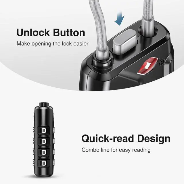 Alt view image 4 of 7 - 2 Pack TSA Approved Luggage Locks 4 Digit Code Cable Lock Black | TSA Approved, Resettable, Flexible Cable, Zipper holes, Zinc Alloy, Bright Color, Large White Numbers, for Train Travel