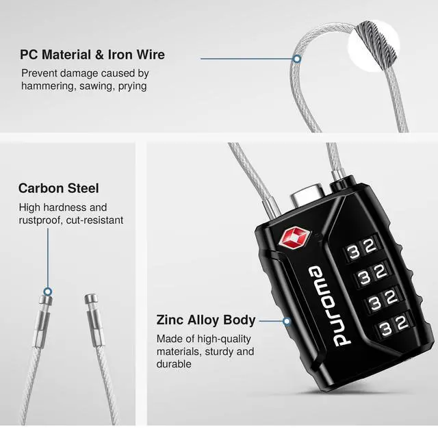 Alt view image 5 of 7 - 2 Pack TSA Approved Luggage Locks 4 Digit Code Cable Lock Black | TSA Approved, Resettable, Flexible Cable, Zipper holes, Zinc Alloy, Bright Color, Large White Numbers, for Train Travel