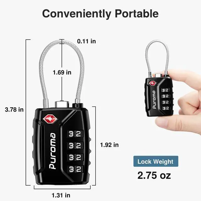 Alt view image 6 of 7 - 2 Pack TSA Approved Luggage Locks 4 Digit Code Cable Lock Black | TSA Approved, Resettable, Flexible Cable, Zipper holes, Zinc Alloy, Bright Color, Large White Numbers, for Train Travel