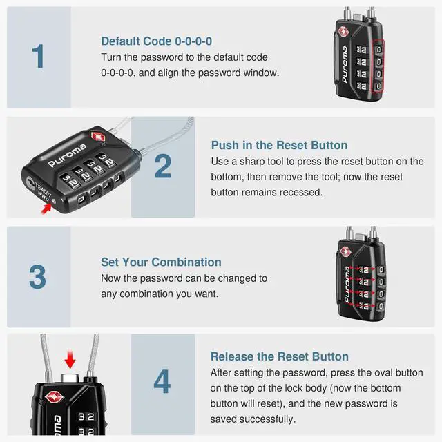 Alt view image 7 of 7 - 2 Pack TSA Approved Luggage Locks 4 Digit Code Cable Lock Black | TSA Approved, Resettable, Flexible Cable, Zipper holes, Zinc Alloy, Bright Color, Large White Numbers, for Train Travel