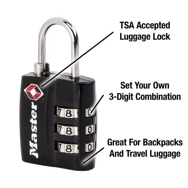 Alt view image 3 of 7 - Black TSA-Approved Luggage Lock with Wide Lock Body and Thin, Durable Steel Shackle, Zipper Lock for Backpacks, Luggage, 4680DBLK