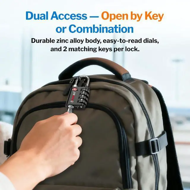 Alt view image 3 of 7 - Dual-Opening: Key or Combination Lock, TSA Approved Lock for Luggage, Pelican case, Travel, Gym, School,Luggage Combination Lock,Travel Bag Lock (Black 2 Pack)